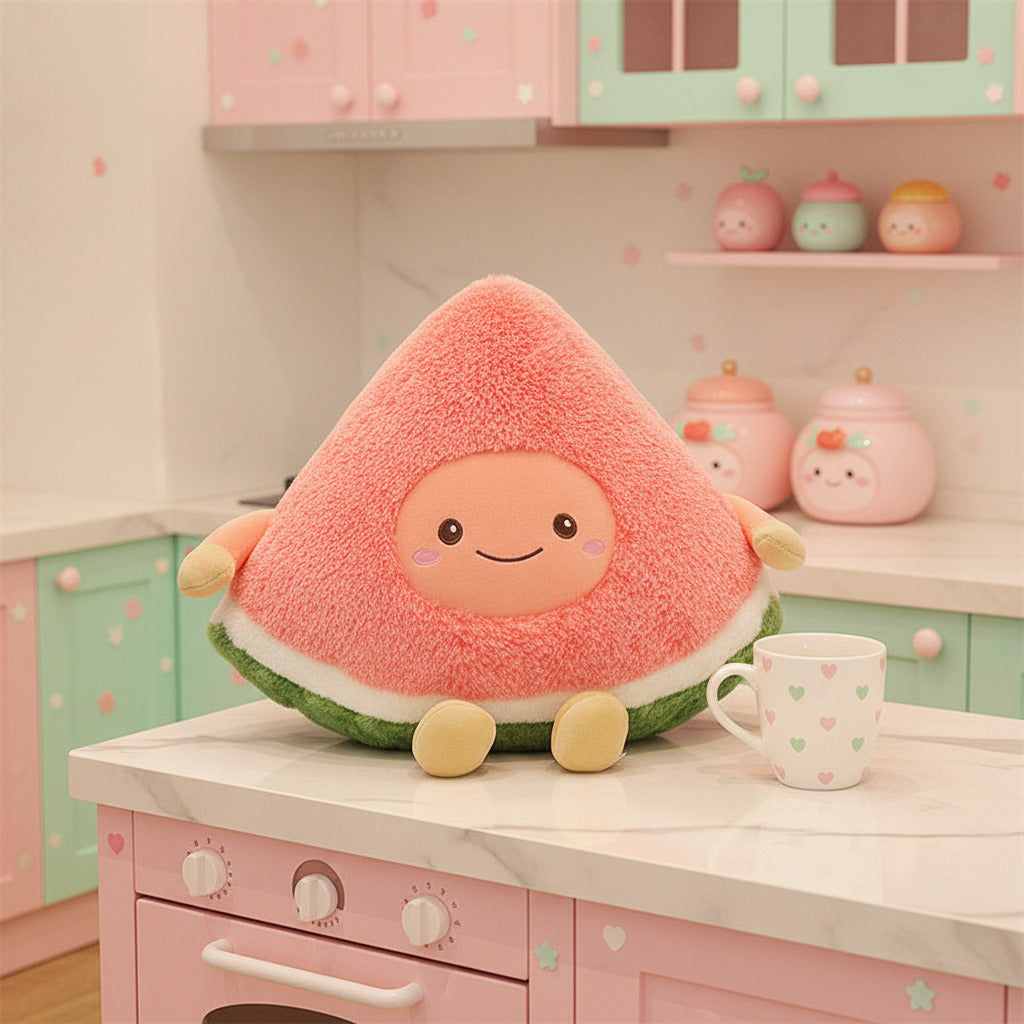 Plush toy shaped like a watermelon slice with a face on a wooden floor.