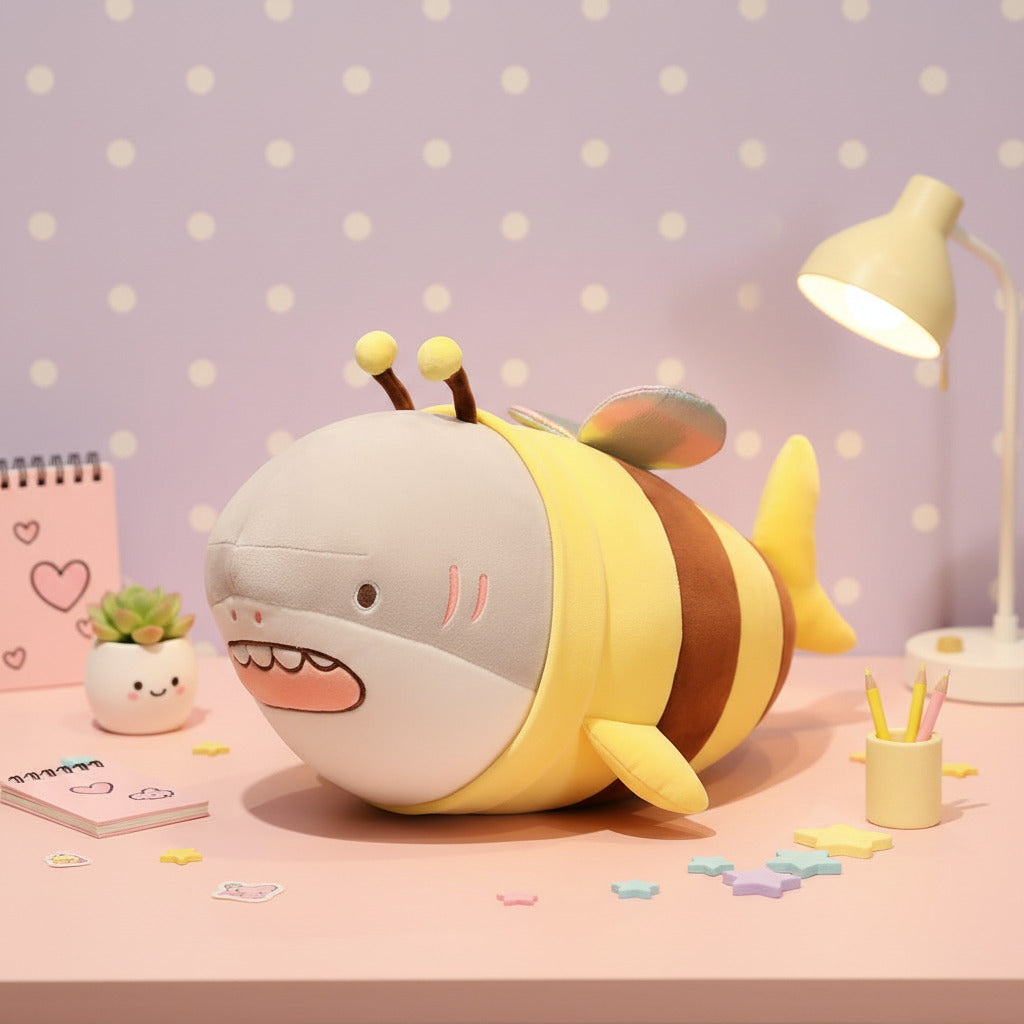 Plush toy shark with bee wings on a laptop on a wooden table