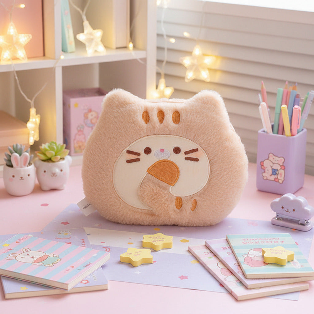 Plush toy with a cartoon face on a surface with a blurred background
