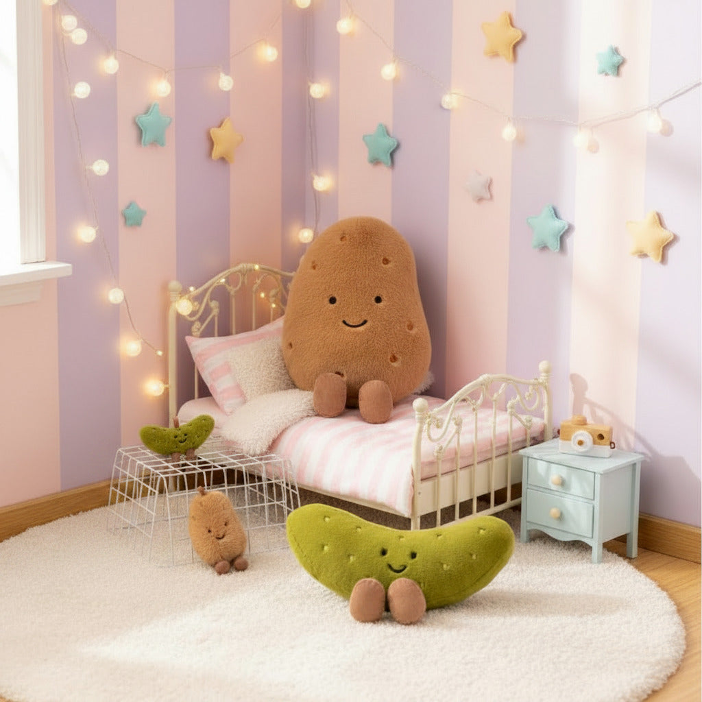 Plush toys resembling a potato and pickles on a light wooden floor.