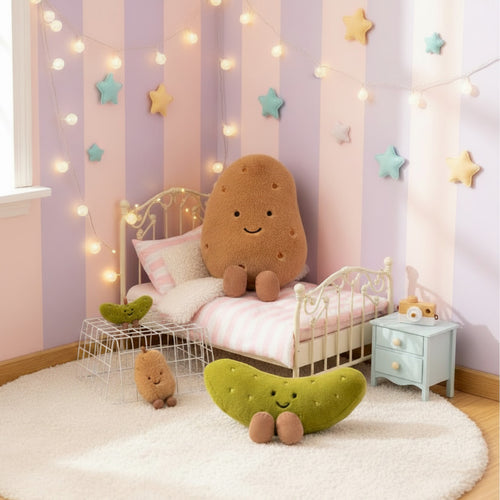Plush toys resembling a potato and pickles on a light wooden floor.