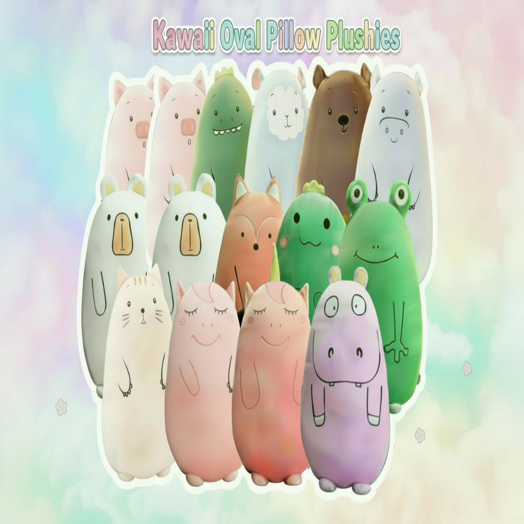 A group of cute, cartoonish, round squeeze plush toys in various colors including pink, green, blue, brown, orange, and purple, arranged together on a pastel rainbow  background.