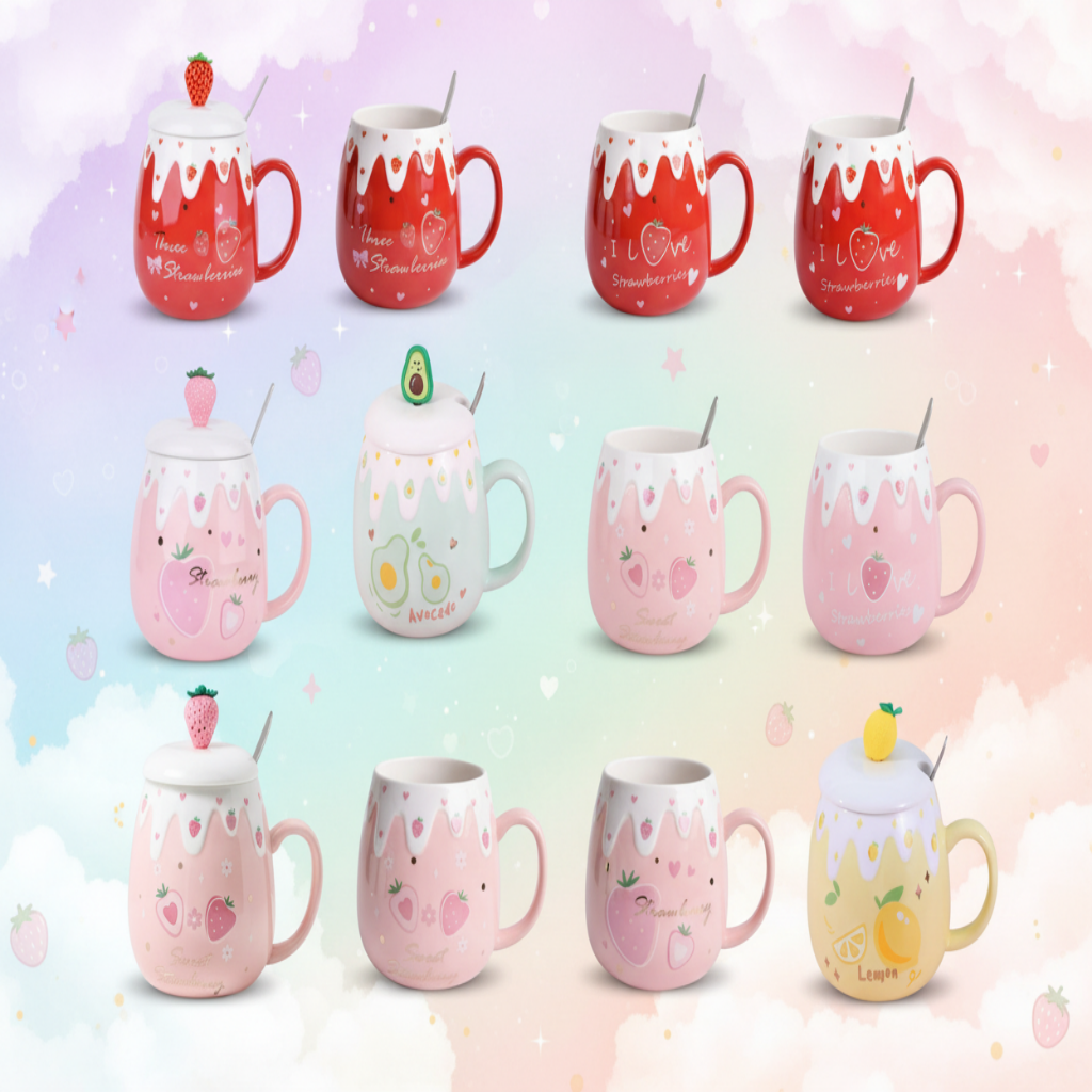 Nine cute ceramic mugs with lids and spoons, arranged in a 3x3 grid on a white background. The mugs come in red, pink, mint green, and pale yellow, decorated with strawberry, avocado, and lemon illustrations, and feature a dripping frosting design on the rim with a small fruit-shaped lid topper.
