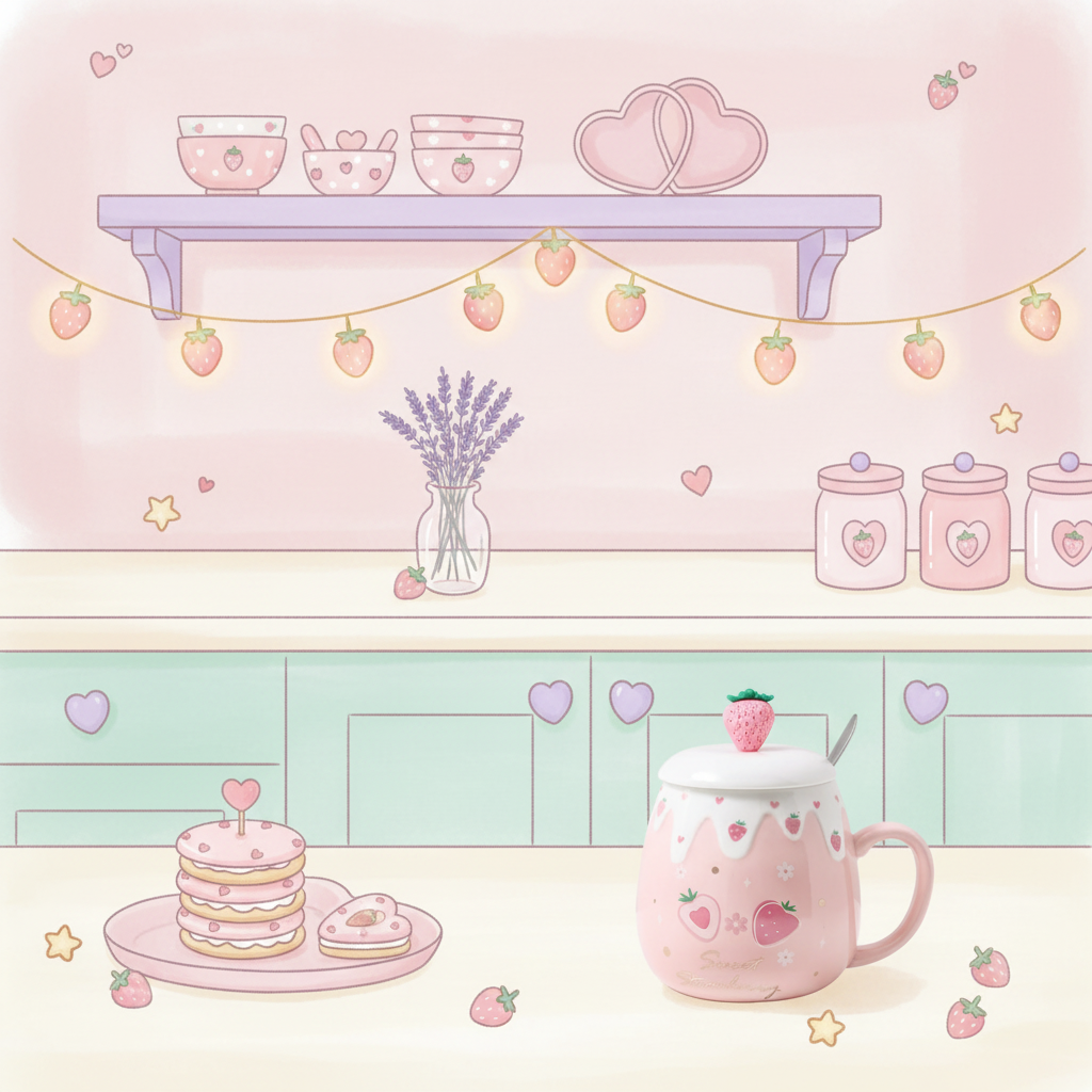 A pink ceramic mug with a lid, decorated with strawberry and white icing designs, featuring a small strawberry-shaped spoon handle on top and a metal spoon inside.