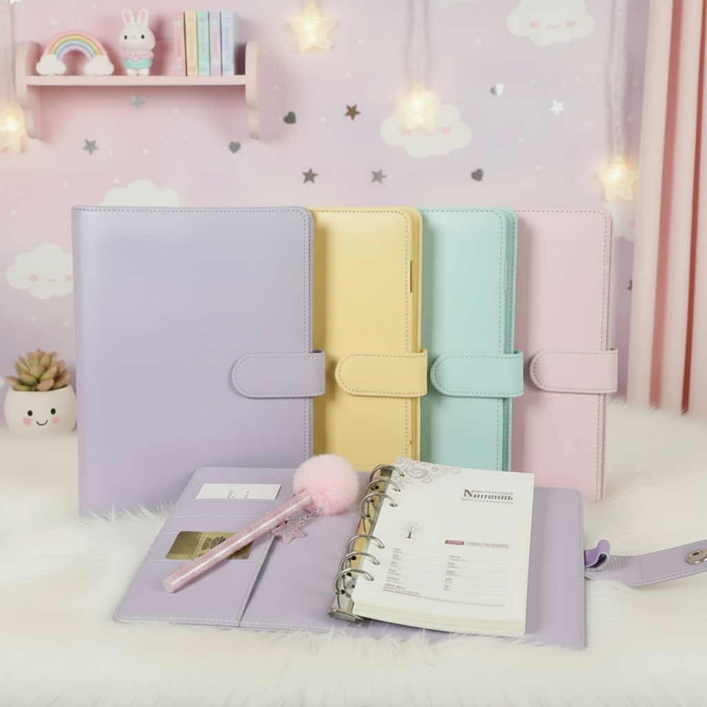 Four pastel planner covers in lavender, yellow, mint, and pink are lined up on a tabletop, with one lavender cover shown open in front holding a pen, cards, and a ring-bound notebook. A small vase of flowers sits to the right.