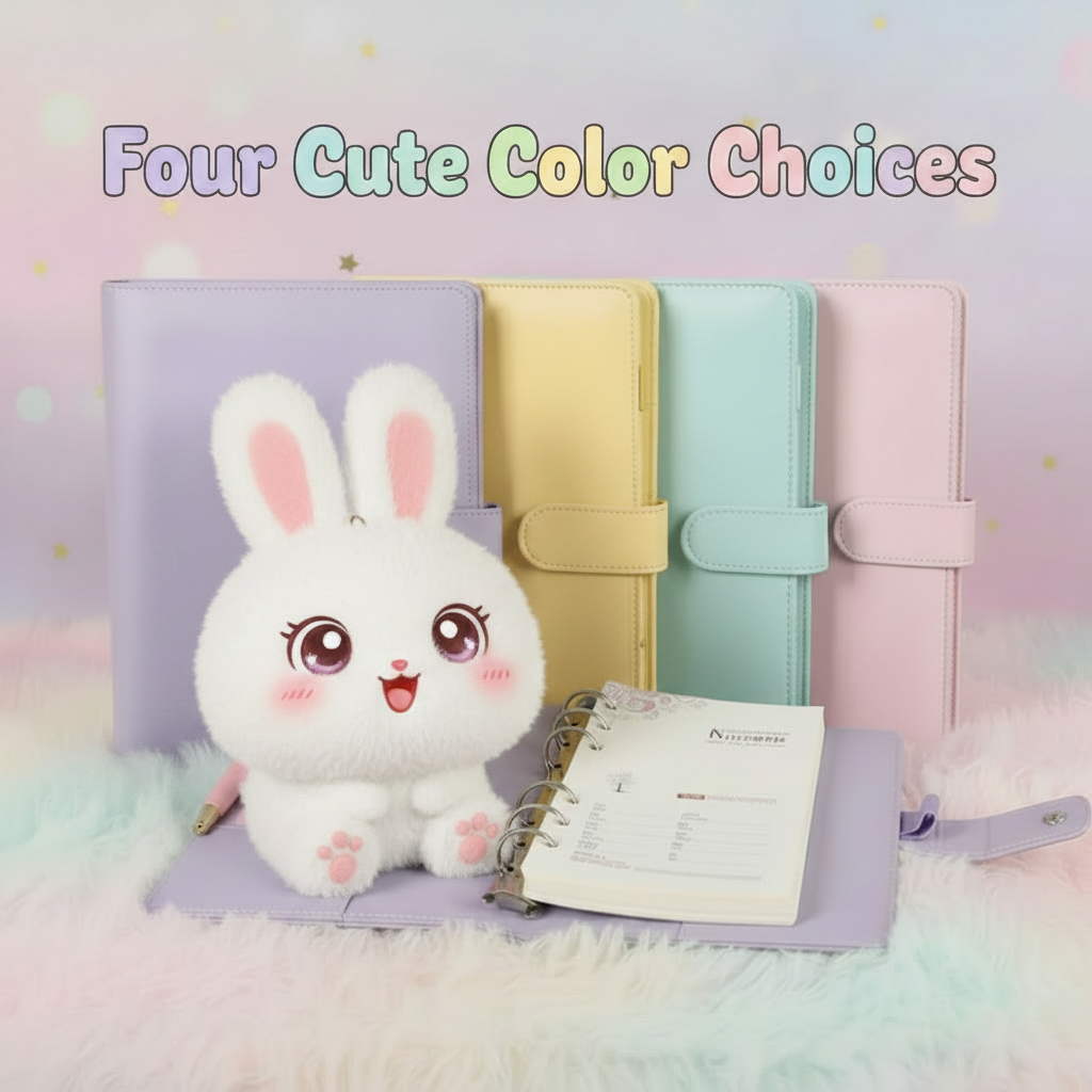 Cute kawaii pastel A5 planner binder with ring notebook cover in lavender, pink, mint, and yellow. Refillable aesthetic stationery organizer with card pockets, pen holder, and binder rings for journaling, budgeting, school, and office planning.