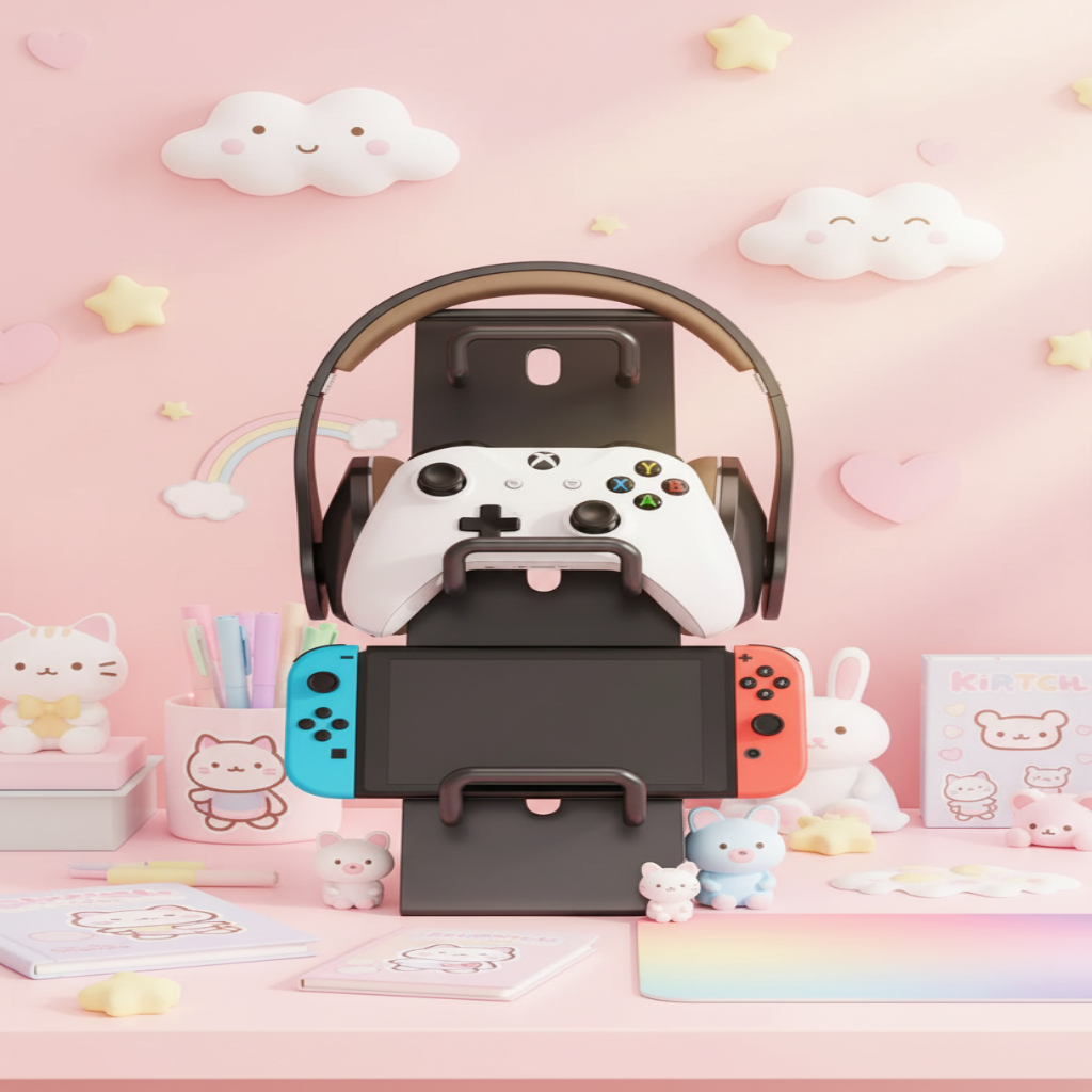 A black multi-device game console stand holding a white Xbox controller, a headset over a Nintendo Switch with blue and red Joy-Con controllers, on a wooden desk against a beige wall.