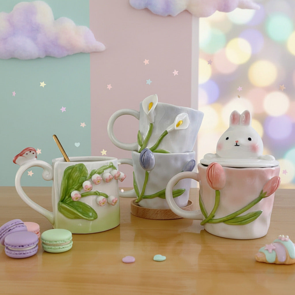 Set of ceramic mugs with decorative designs on a wooden surface
