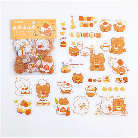 Set of cute bear-themed stickers with a packaging sheet on a white background