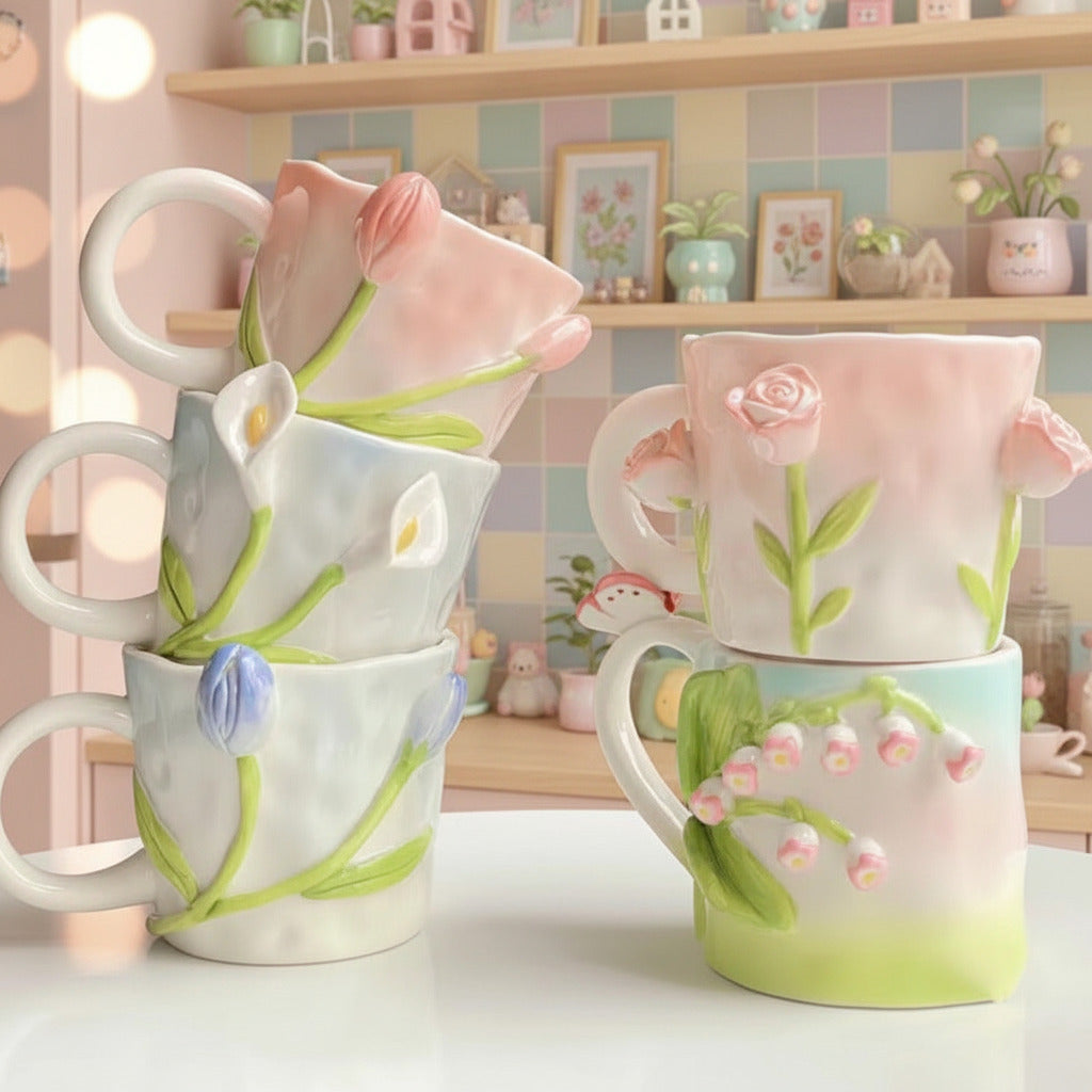 Set of floral ceramic mugs on a kitchen counter