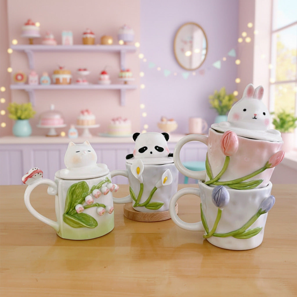 Set of four ceramic mugs with animal-shaped lids on a wooden surface.