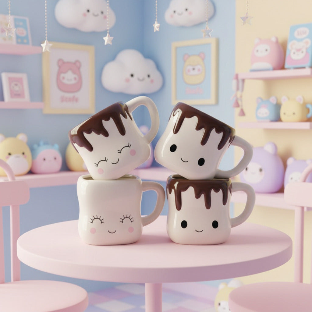 Set of four ceramic mugs with face designs on a white surface.