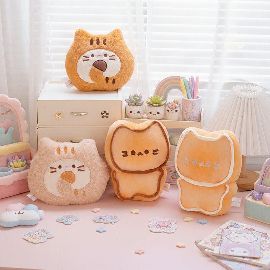 Set of four cute animal-shaped cushions on a light surface with a neutral background
