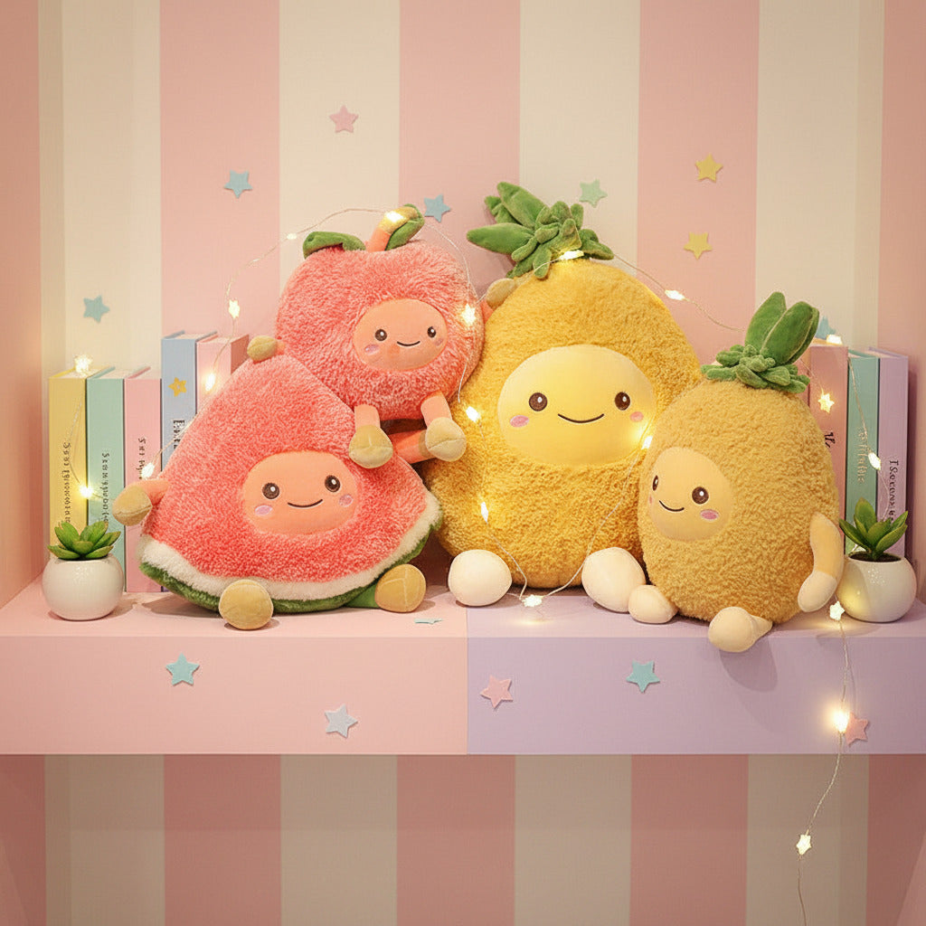 Set of plush toys shaped like fruits on a wooden surface with a dark background