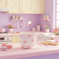 Small white cup with pink heart patterns on a light gray background