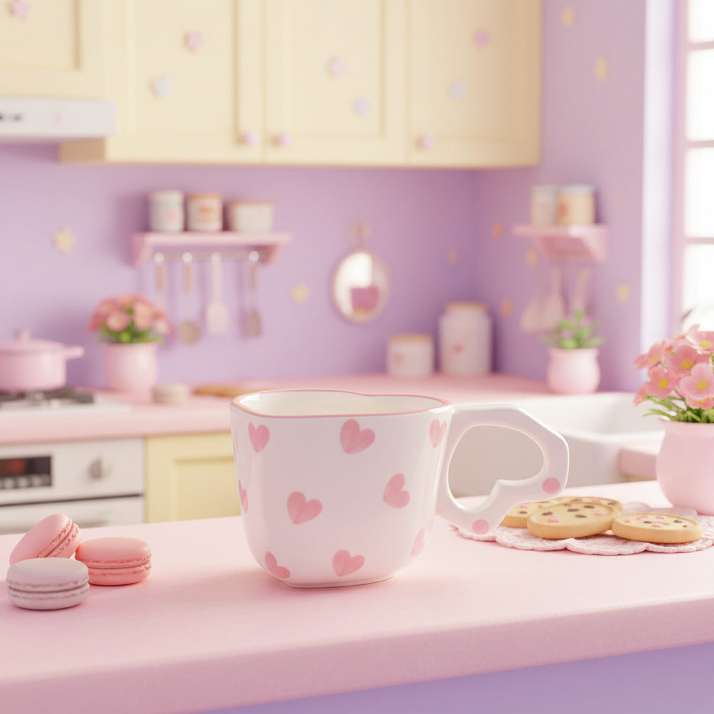 Small white cup with pink heart patterns on a light gray background