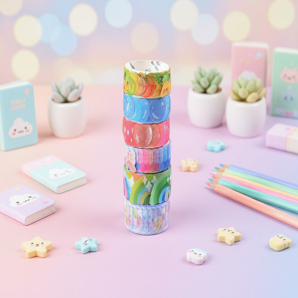 Stack of colorful washi tape rolls with decorative designs on a white surface.