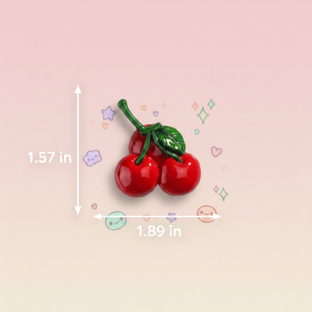 Three glossy red cherries with a green stem and leaves, shown on a light gray background with dimension lines indicating 4 cm height and 4.8 cm width, plus text reading BX045 and Net weight about: 28g.