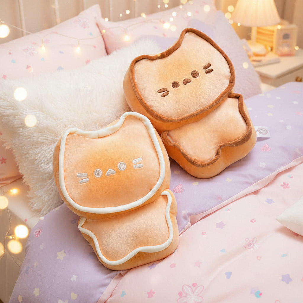 Two cat-shaped cushions with cute face designs on a surface with a magazine underneath.