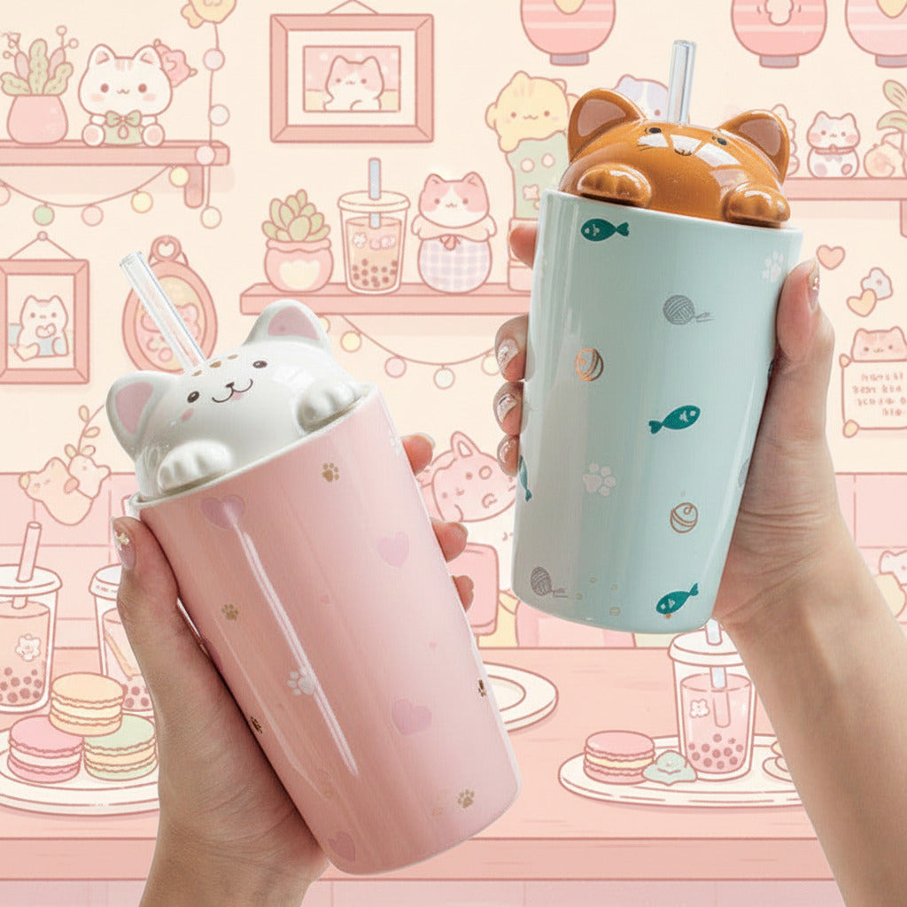 Two ceramic cat-shaped tumblers held in hands on a white tabletop. One tumbler is light pink with small pink hearts and gold paw prints, and the other is pale blue with fish, paw, and ball motifs.