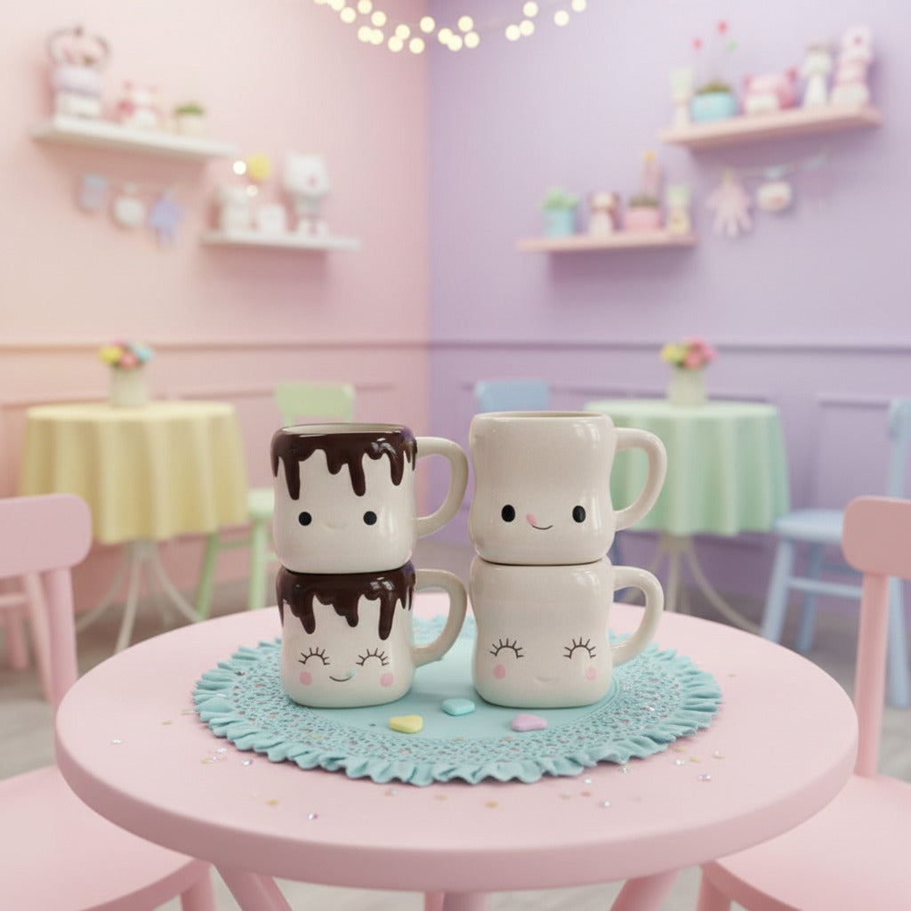 Two ceramic mugs with cartoon faces on a white surface