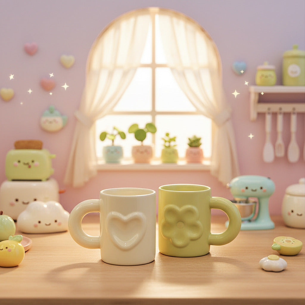 Two ceramic mugs with loop handles sit on a light wood surface. The front mug is cream-colored with a raised heart design, and the rear mug is light yellow-green with a raised circular design.