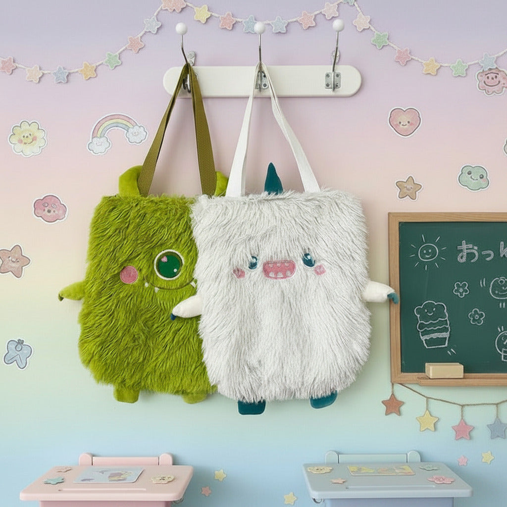 Two fluffy monster-shaped bags, one green and one white with a blue horn, hanging on a wall hook.