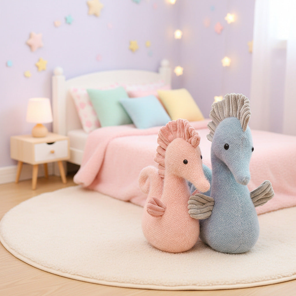 Two knitted seahorses, one pink and one blue, on a light background.