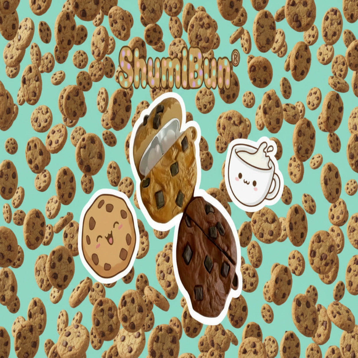 Two novelty wireless earbud cases shaped like chocolate chip cookies, one open showing white earbuds inside and one closed, on a plain white background.