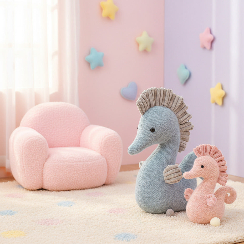 Two plush seahorses, one blue and one pink, on a light surface with a blurred background.