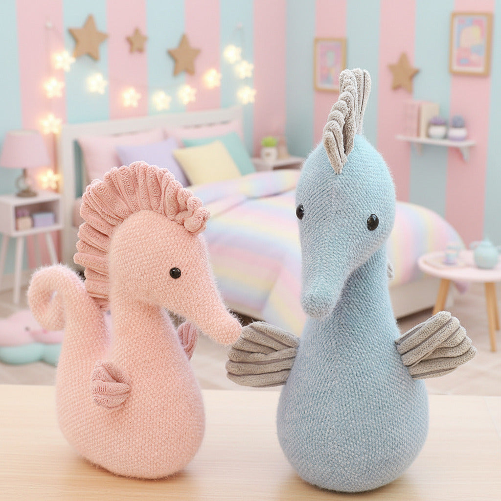 Two plush seahorses, one pink and one blue, on a light surface with a blurred background.