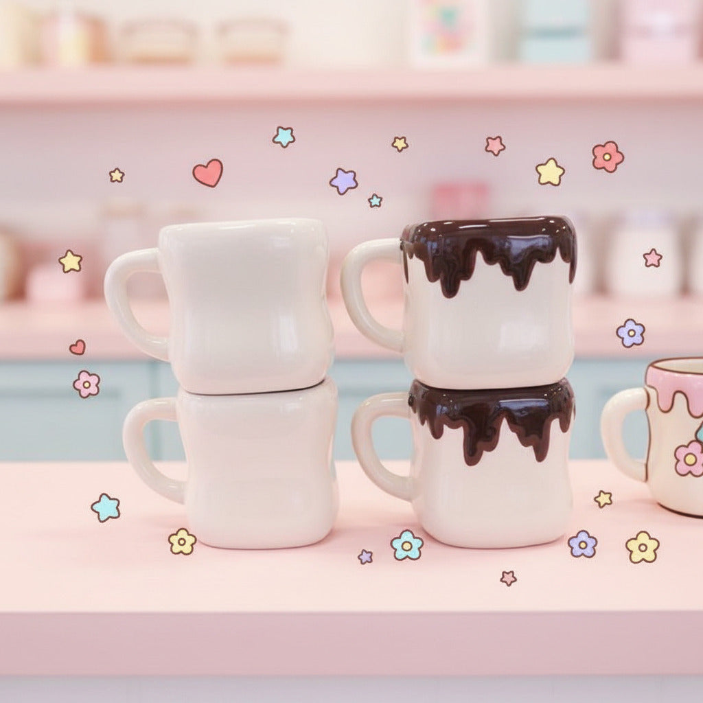 Two white mugs with chocolate drizzle design on a white surface.