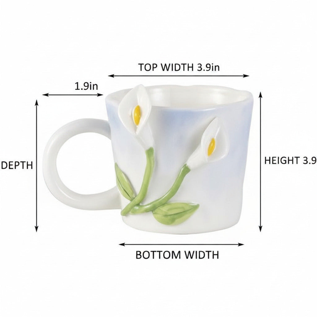 White mug with floral design and measurements on a white background