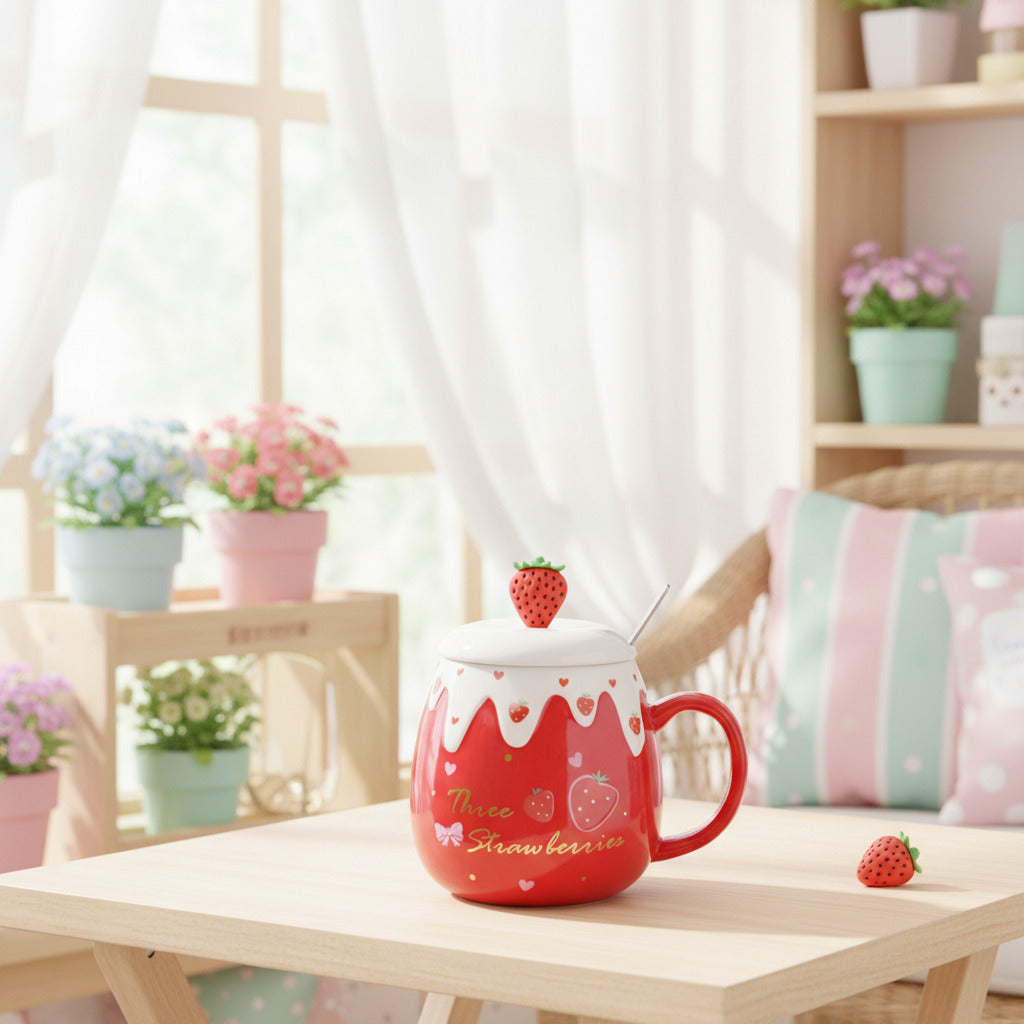 Red mug with strawberry design and lid on a white background with kawaii aesthetic sun room