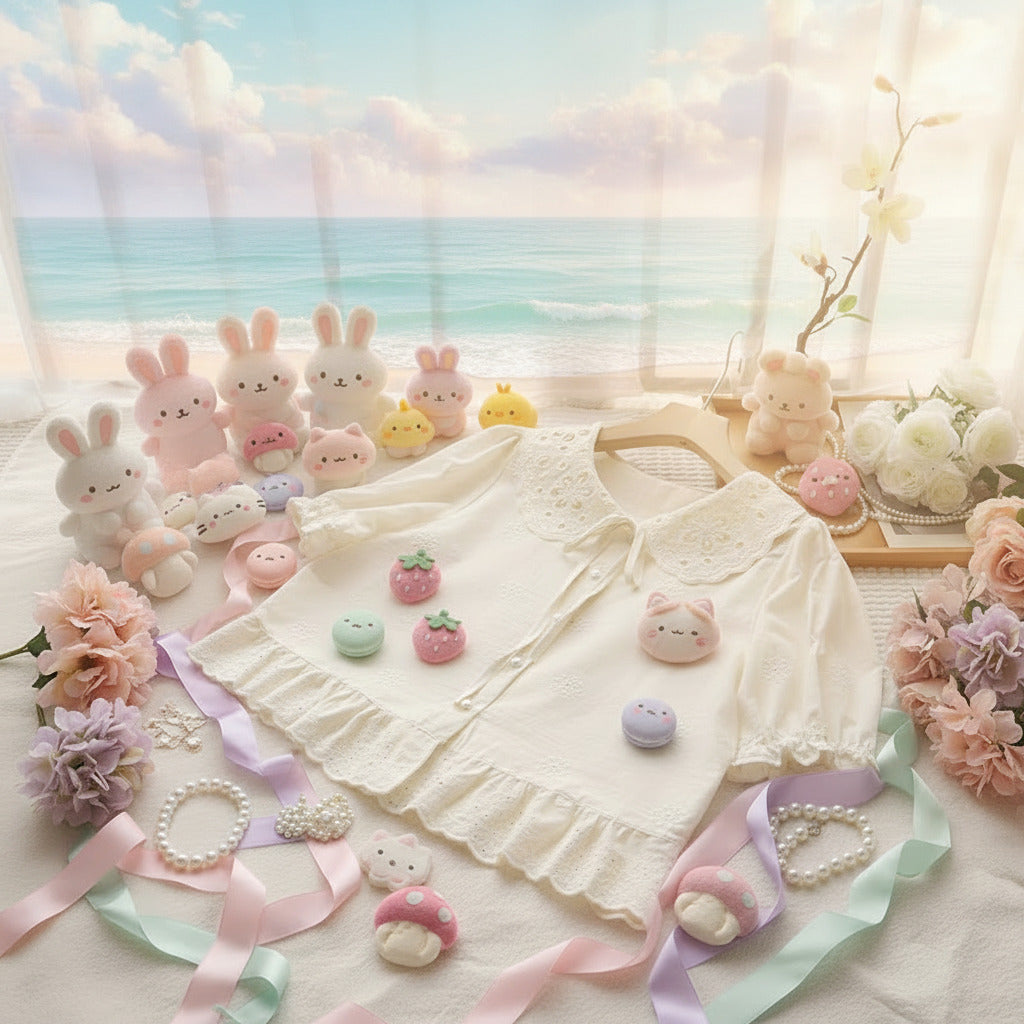 White lace blouse on a hanger with a blurred seascape background