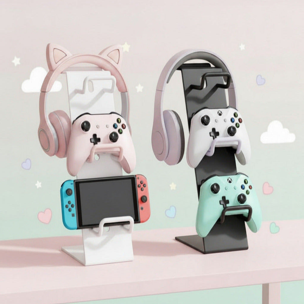 Two gaming accessory stands holding a Switch console, gaming console, and controllers on a pink wooden surface.