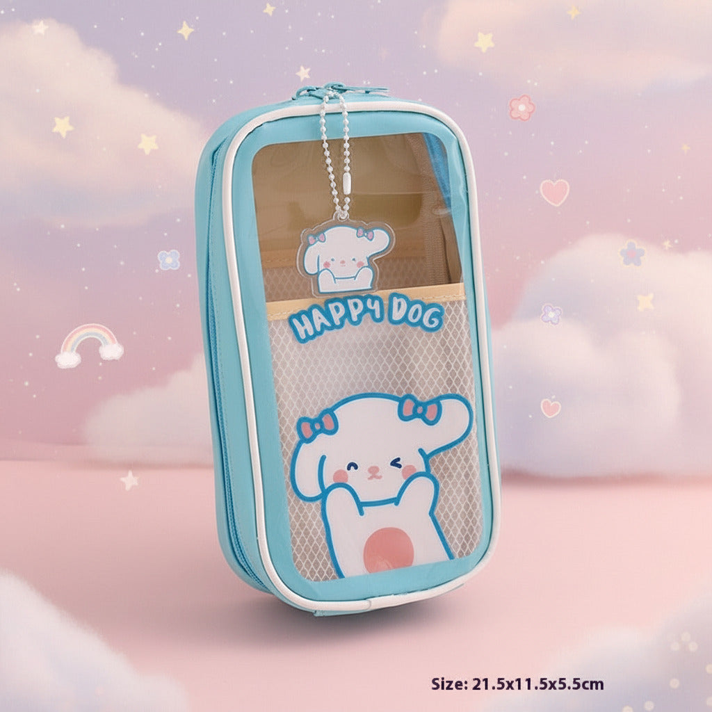 Cute kawaii cartoon stationery large-capacity pencil cases in pastel colors displayed on a desk with decorative accessories, perfect for organizing pens, pencils, markers, school supplies, and office stationery.
