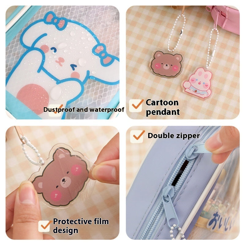 Cute kawaii cartoon stationery large-capacity pencil cases in pastel colors displayed on a desk with decorative accessories, perfect for organizing pens, pencils, markers, school supplies, and office stationery.
