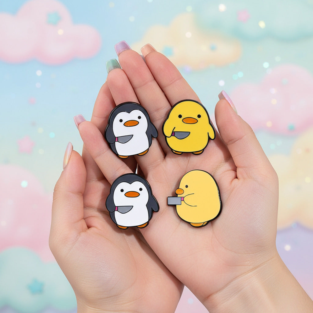 Four cartoon penguin and duck characters holding ice cream on a pink background