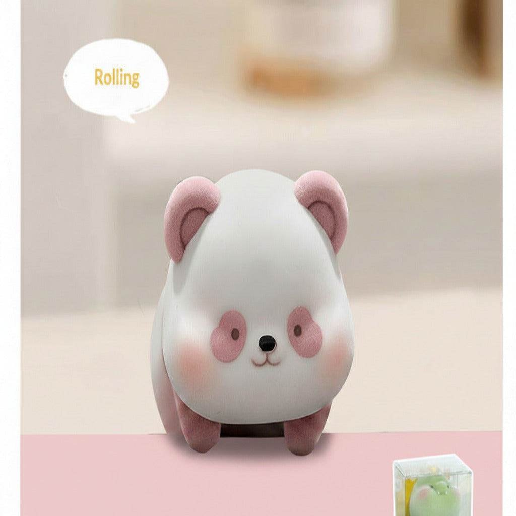 Plush toy panda with packaging display on a blurred background