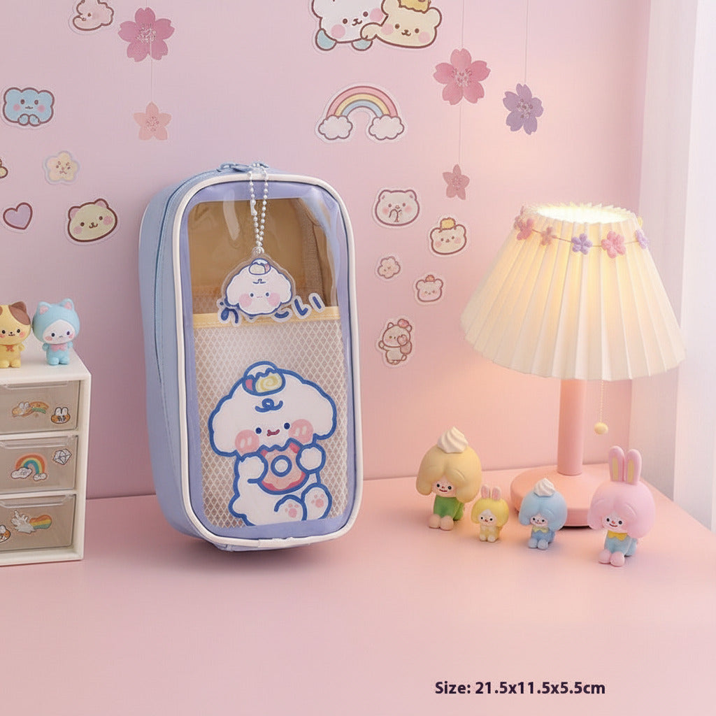 Cute kawaii cartoon stationery large-capacity pencil cases in pastel colors displayed on a desk with decorative accessories, perfect for organizing pens, pencils, markers, school supplies, and office stationery.