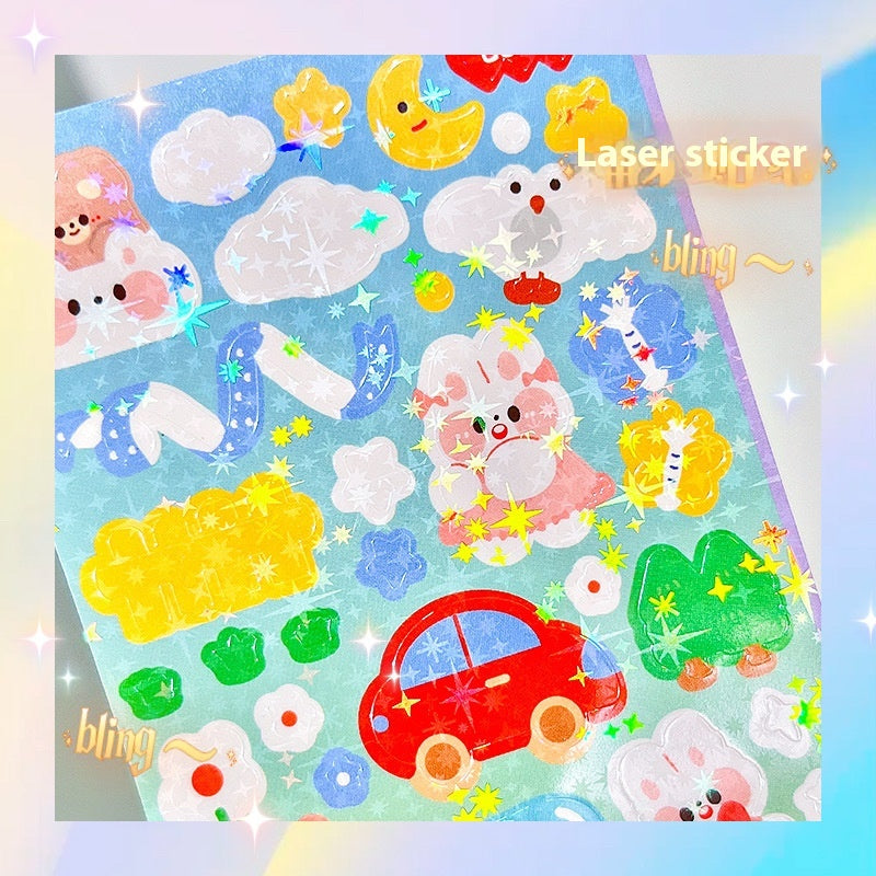 Colorful laser sticker sheet with cartoon characters and objects on a blue background.