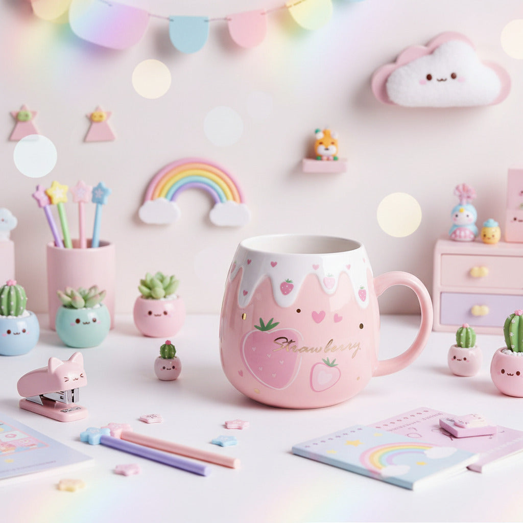 Pink mug with strawberry design on a white background