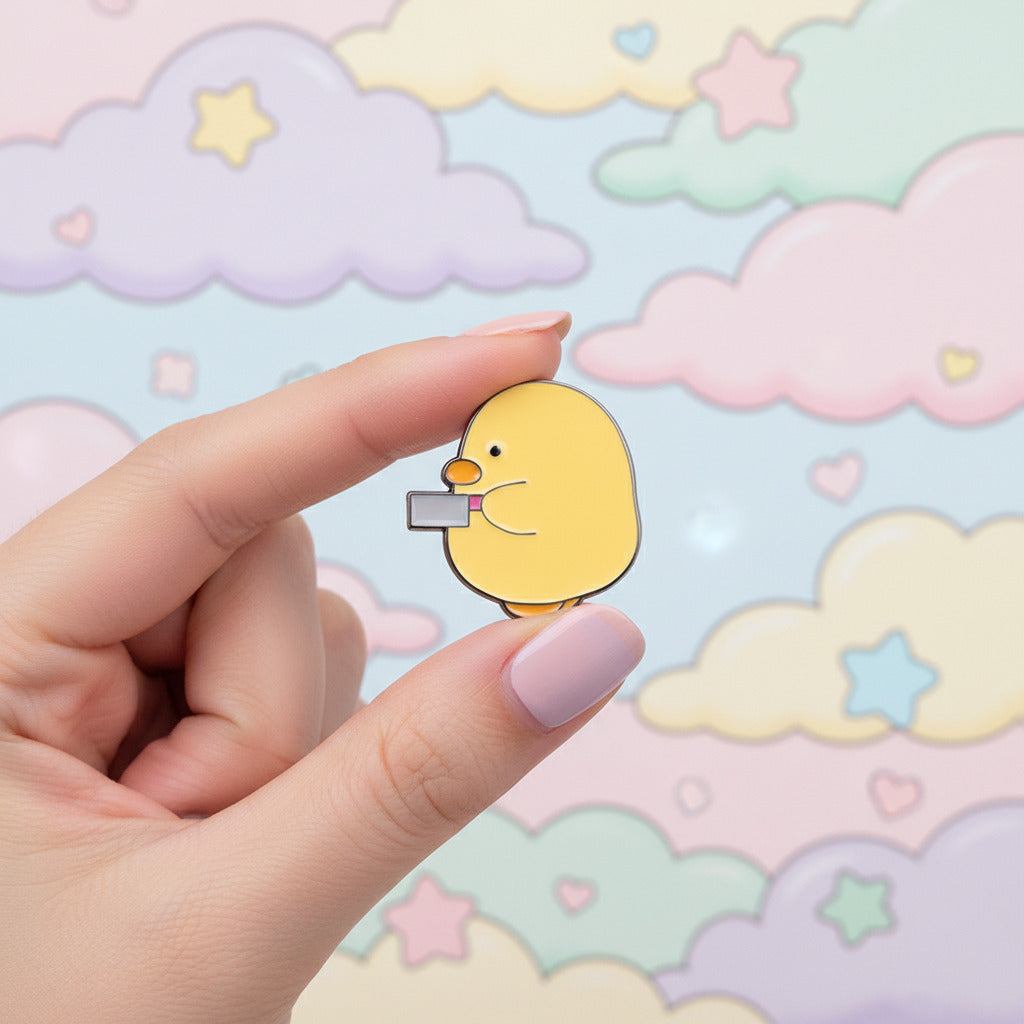 Cartoon duck holding a smartphone on a white background
