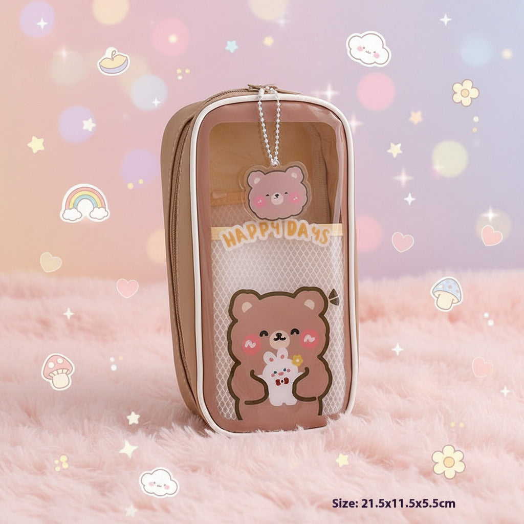 Cute kawaii cartoon stationery large-capacity pencil cases in pastel colors displayed on a desk with decorative accessories, perfect for organizing pens, pencils, markers, school supplies, and office stationery.