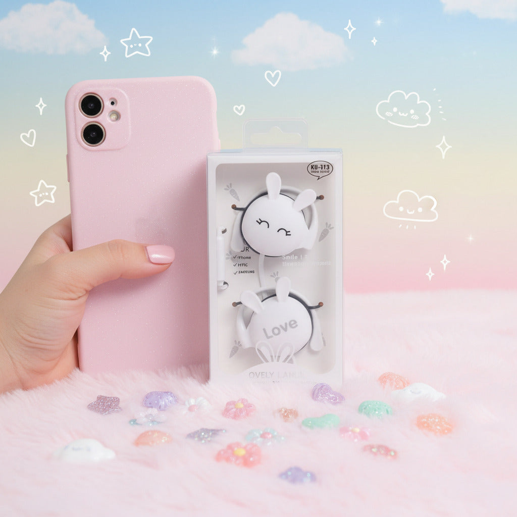 White earphones with 'Love' heart on packaging against a white background