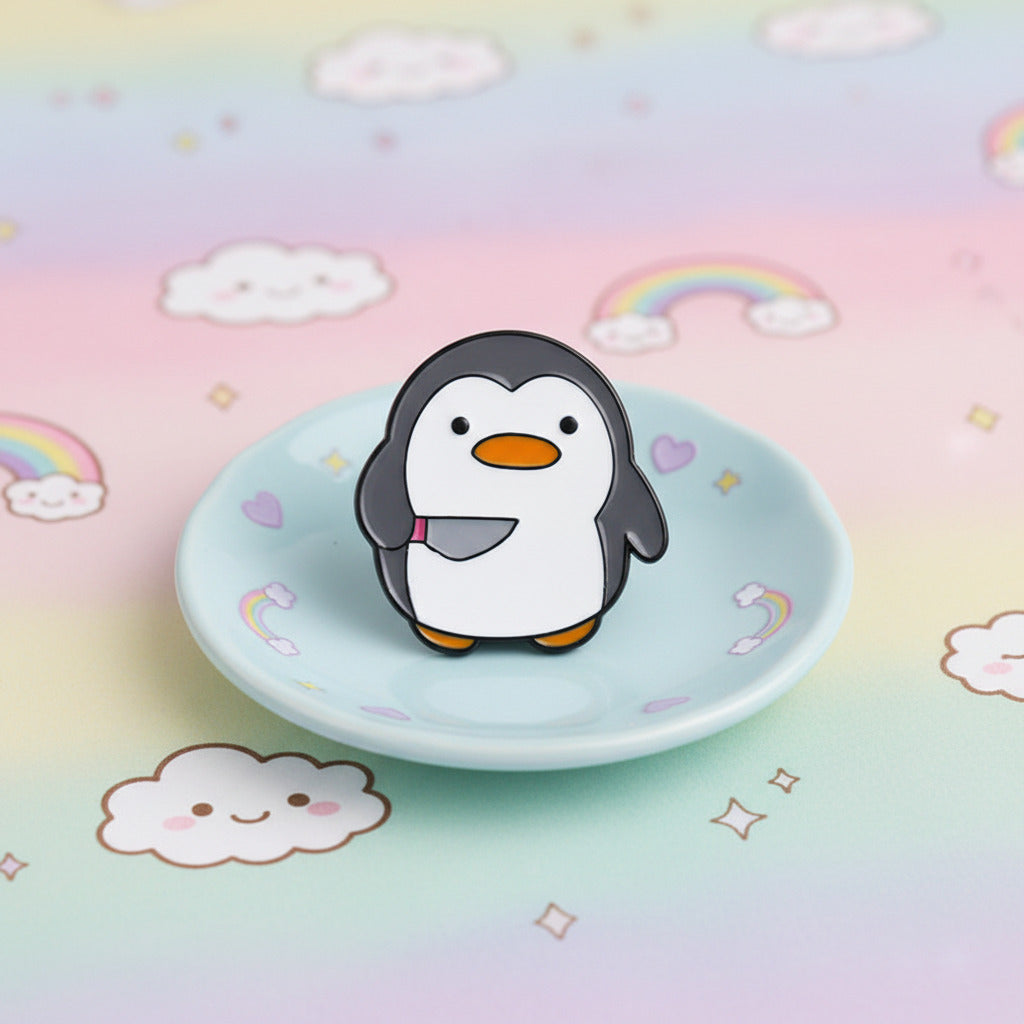 Cartoon penguin with a pink bow tie on a white background