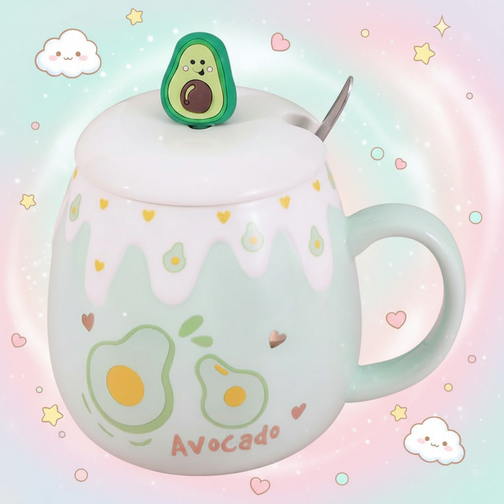 Avocado-themed mug with a lid and spoon on a pink background