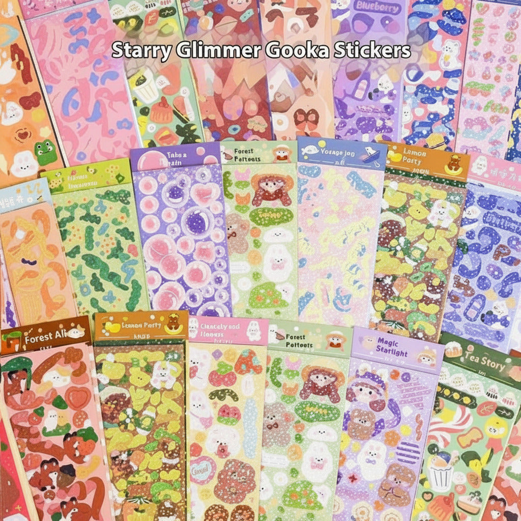 Collection of colorful Stary Glimmer Cooka Stickers with various designs.