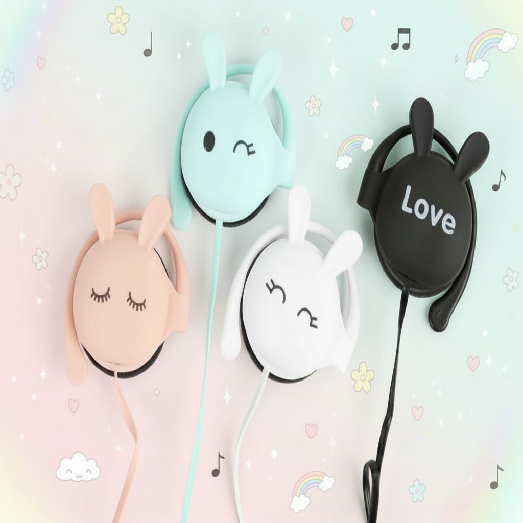 Four colorful earphones with cartoon bunny faces on a light pastel background